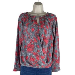 Yoana Baraschi Printed Faux Wrap Top Blouse Long Sleeve Gray Red Size S/M